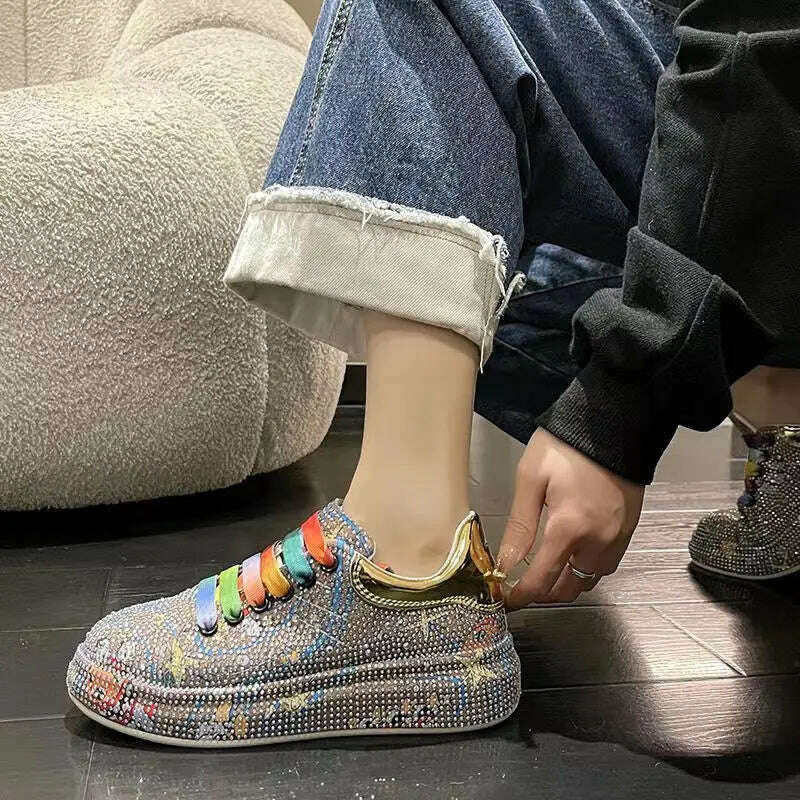 KIMLUD, New Spring Women Sneakers Fashion rhinestones Thick Sole Sports Shoes for Youth School Shoes Crystal Silver Platform Sneakers, KIMLUD Womens Clothes