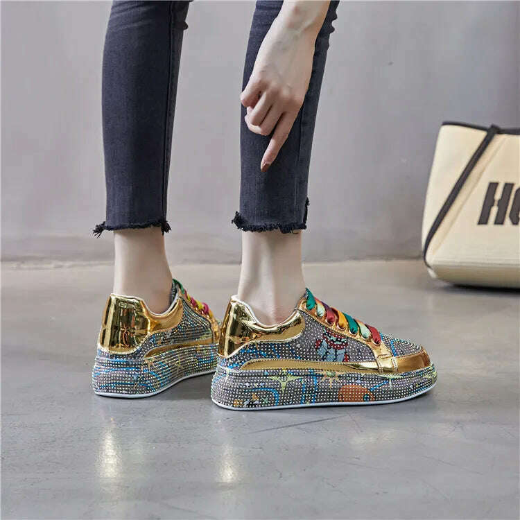 KIMLUD, New Spring Women Sneakers Fashion rhinestones Thick Sole Sports Shoes for Youth School Shoes Crystal Silver Platform Sneakers, KIMLUD Womens Clothes