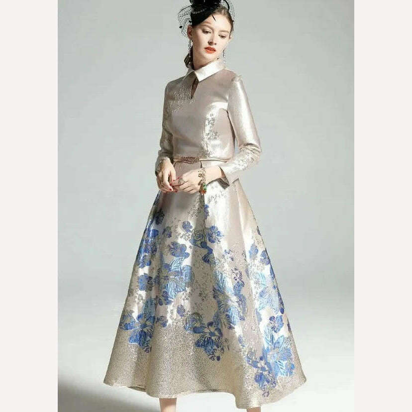 KIMLUD, New Spring Women's Retro Lapel Long Sleeve Blue Flower Jacquard Slim Elegant Long Dress Lady Girls Luxury Formal Party Dresses, KIMLUD Women's Clothes