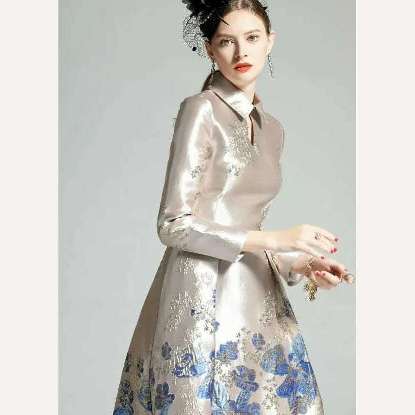 KIMLUD, New Spring Women's Retro Lapel Long Sleeve Blue Flower Jacquard Slim Elegant Long Dress Lady Girls Luxury Formal Party Dresses, KIMLUD Womens Clothes