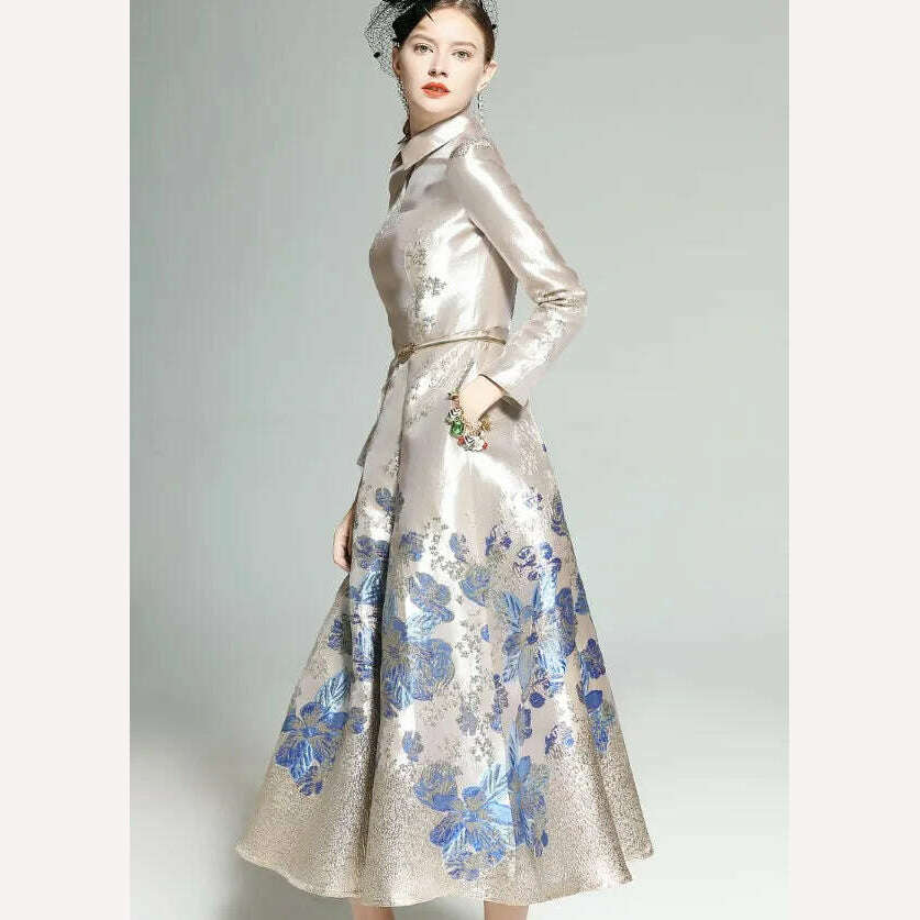 KIMLUD, New Spring Women's Retro Lapel Long Sleeve Blue Flower Jacquard Slim Elegant Long Dress Lady Girls Luxury Formal Party Dresses, not with belt / XXL, KIMLUD APPAREL - Womens Clothes