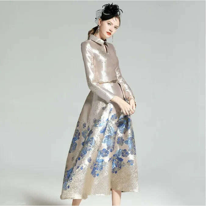 KIMLUD, New Spring Women's Retro Lapel Long Sleeve Blue Flower Jacquard Slim Elegant Long Dress Lady Girls Luxury Formal Party Dresses, KIMLUD Women's Clothes