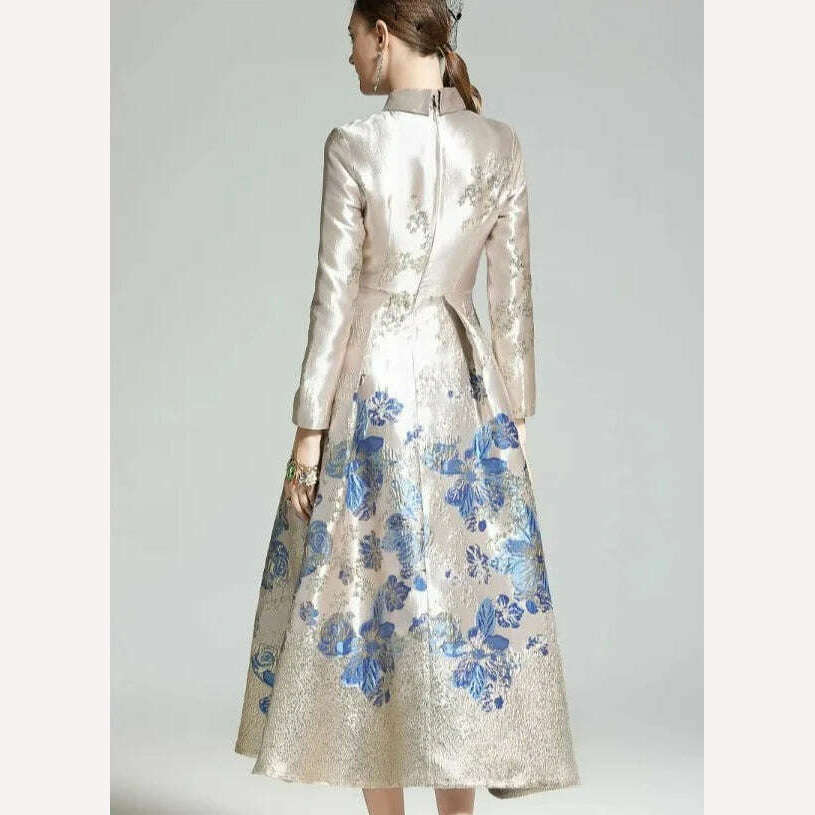 KIMLUD, New Spring Women's Retro Lapel Long Sleeve Blue Flower Jacquard Slim Elegant Long Dress Lady Girls Luxury Formal Party Dresses, KIMLUD Womens Clothes