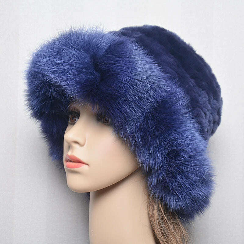 KIMLUD, New Style Women Outdoor Winter Warm Natural Fox Fur Hats Lady Knit Fur Cap Female Fashion Knitted Fluffy Real Rex Rabbit Fur Hat, dark blue / 56-60cm, KIMLUD Womens Clothes