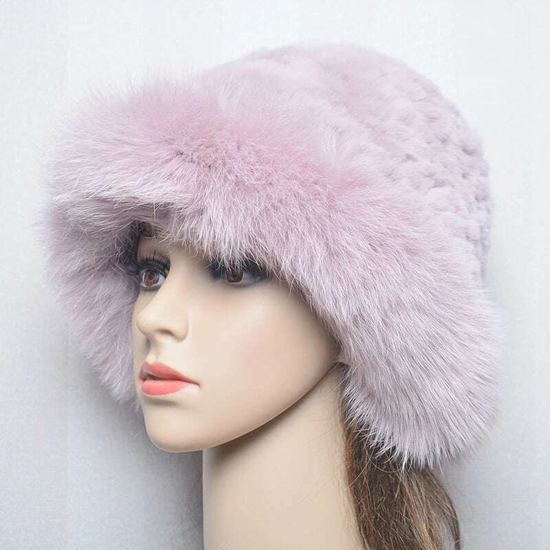 KIMLUD, New Style Women Outdoor Winter Warm Natural Fox Fur Hats Lady Knit Fur Cap Female Fashion Knitted Fluffy Real Rex Rabbit Fur Hat, beige pink / 56-60cm, KIMLUD Women's Clothes
