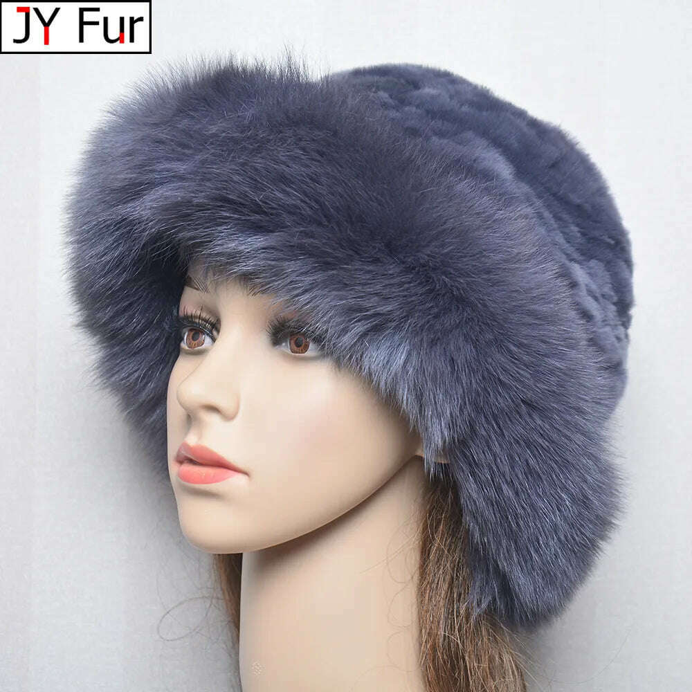 KIMLUD, New Style Women Outdoor Winter Warm Natural Fox Fur Hats Lady Knit Fur Cap Female Fashion Knitted Fluffy Real Rex Rabbit Fur Hat, KIMLUD Womens Clothes