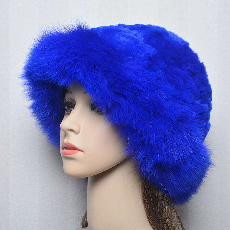 KIMLUD, New Style Women Outdoor Winter Warm Natural Fox Fur Hats Lady Knit Fur Cap Female Fashion Knitted Fluffy Real Rex Rabbit Fur Hat, blue / 56-60cm, KIMLUD Women's Clothes
