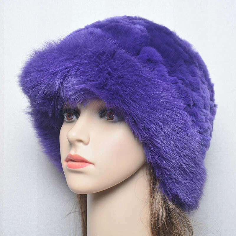 KIMLUD, New Style Women Outdoor Winter Warm Natural Fox Fur Hats Lady Knit Fur Cap Female Fashion Knitted Fluffy Real Rex Rabbit Fur Hat, purple / 56-60cm, KIMLUD Women's Clothes