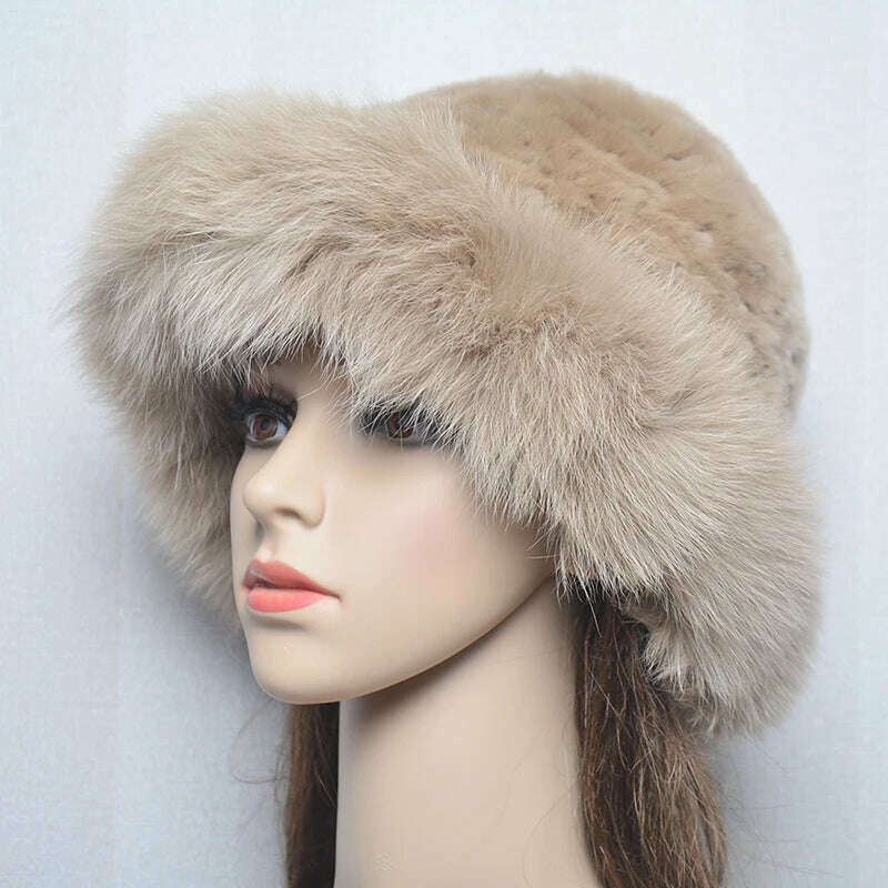 KIMLUD, New Style Women Outdoor Winter Warm Natural Fox Fur Hats Lady Knit Fur Cap Female Fashion Knitted Fluffy Real Rex Rabbit Fur Hat, khaki / 56-60cm, KIMLUD Women's Clothes