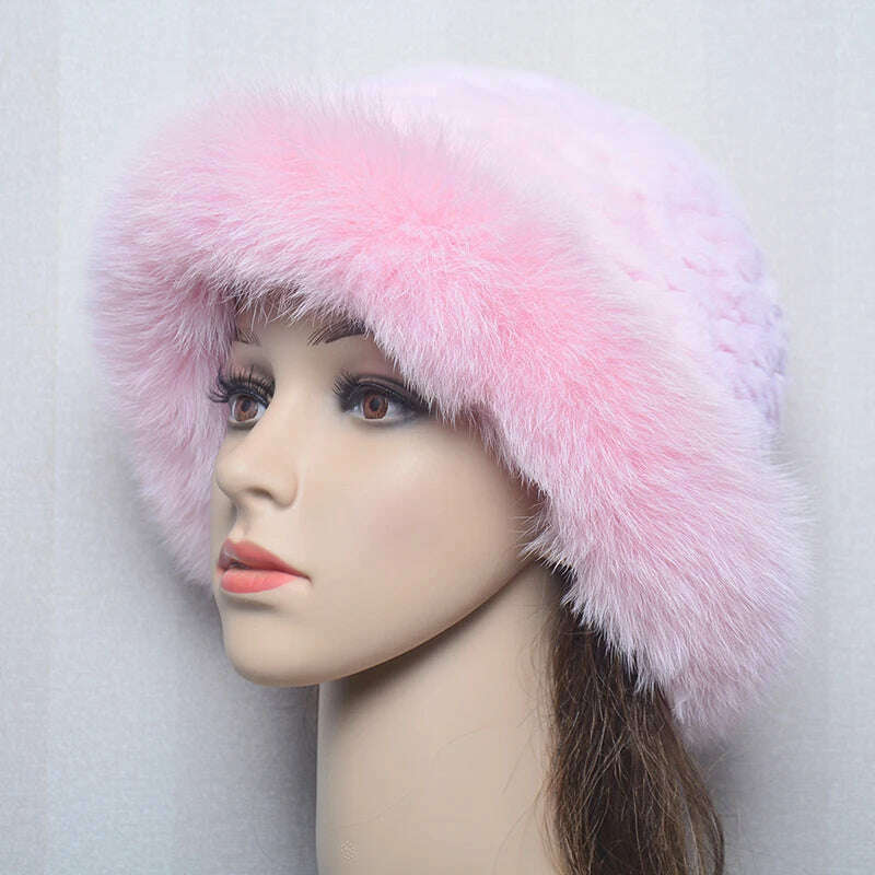 KIMLUD, New Style Women Outdoor Winter Warm Natural Fox Fur Hats Lady Knit Fur Cap Female Fashion Knitted Fluffy Real Rex Rabbit Fur Hat, pink / 56-60cm, KIMLUD Womens Clothes