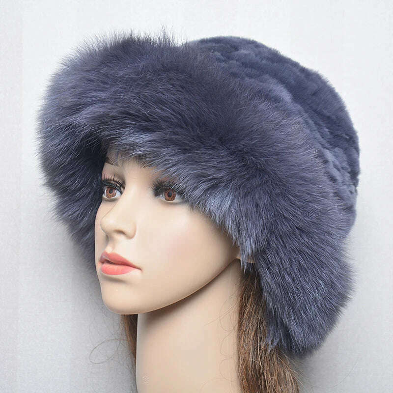KIMLUD, New Style Women Outdoor Winter Warm Natural Fox Fur Hats Lady Knit Fur Cap Female Fashion Knitted Fluffy Real Rex Rabbit Fur Hat, dark grey / 56-60cm, KIMLUD Womens Clothes