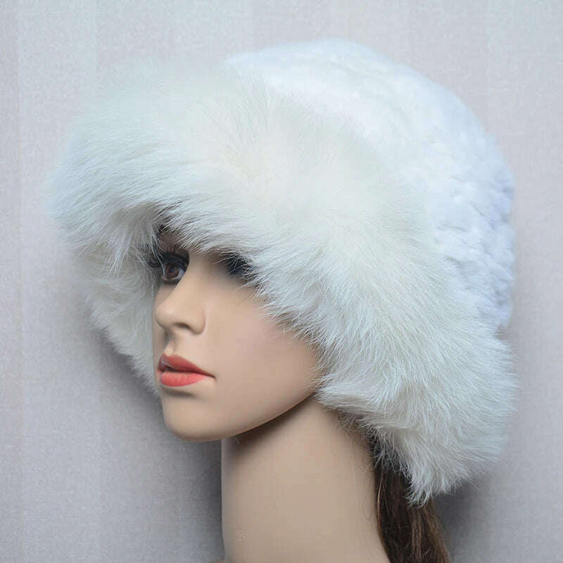 KIMLUD, New Style Women Outdoor Winter Warm Natural Fox Fur Hats Lady Knit Fur Cap Female Fashion Knitted Fluffy Real Rex Rabbit Fur Hat, beige / 56-60cm, KIMLUD Women's Clothes