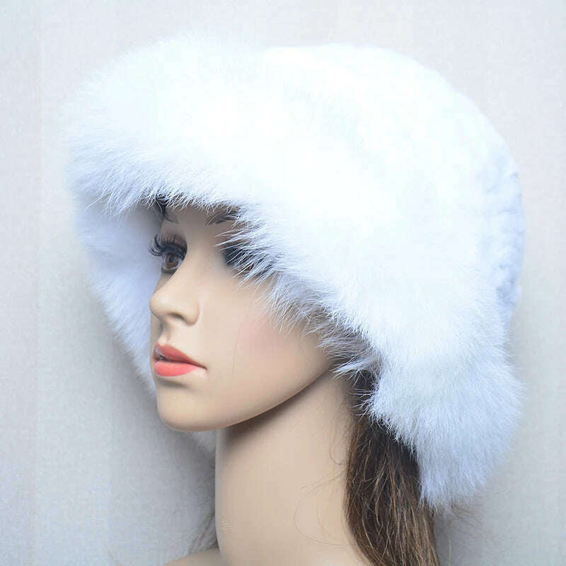 KIMLUD, New Style Women Outdoor Winter Warm Natural Fox Fur Hats Lady Knit Fur Cap Female Fashion Knitted Fluffy Real Rex Rabbit Fur Hat, white / 56-60cm, KIMLUD Women's Clothes