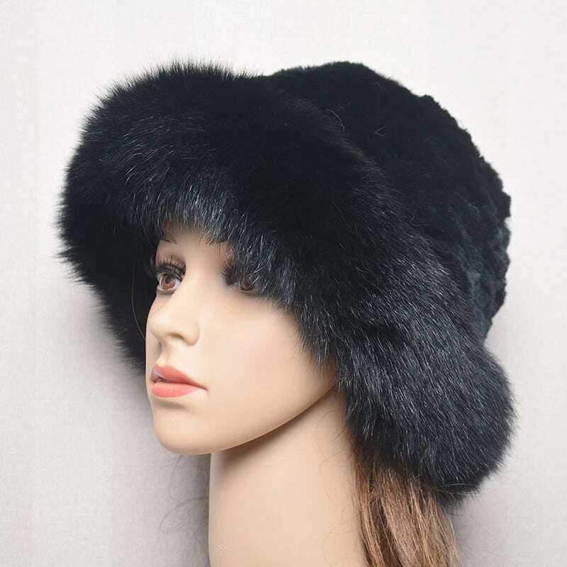 KIMLUD, New Style Women Outdoor Winter Warm Natural Fox Fur Hats Lady Knit Fur Cap Female Fashion Knitted Fluffy Real Rex Rabbit Fur Hat, black / 56-60cm, KIMLUD Women's Clothes