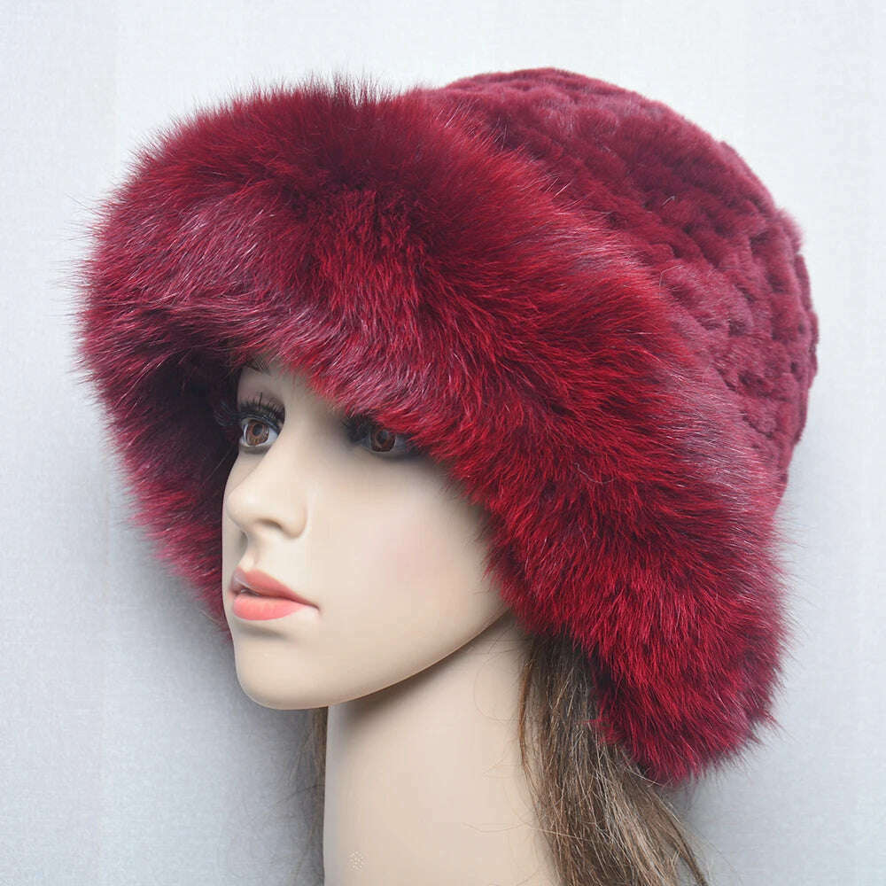 KIMLUD, New Style Women Outdoor Winter Warm Natural Fox Fur Hats Lady Knit Fur Cap Female Fashion Knitted Fluffy Real Rex Rabbit Fur Hat, wine red / 56-60cm, KIMLUD Women's Clothes