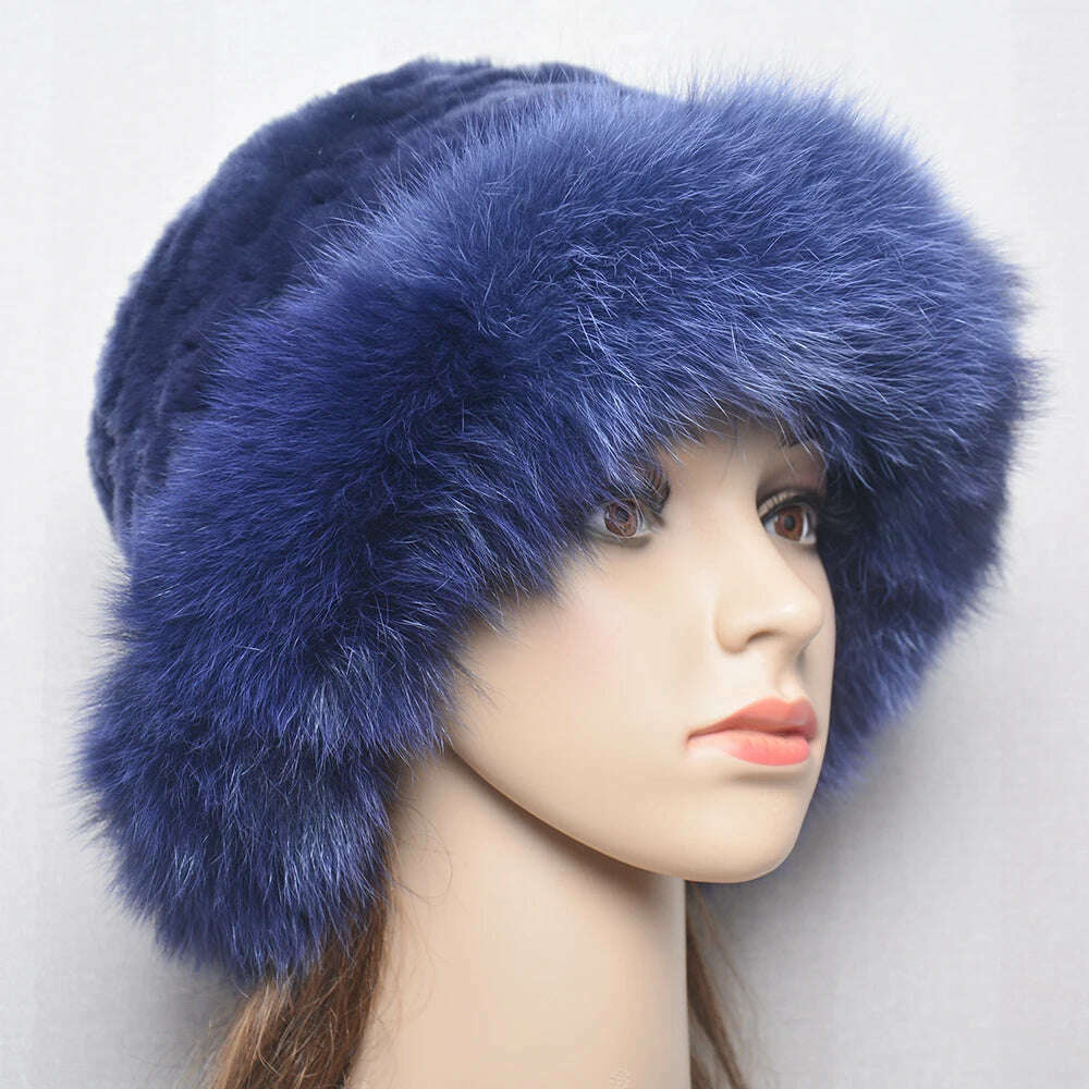 KIMLUD, New Style Women Outdoor Winter Warm Natural Fox Fur Hats Lady Knit Fur Cap Female Fashion Knitted Fluffy Real Rex Rabbit Fur Hat, KIMLUD Womens Clothes