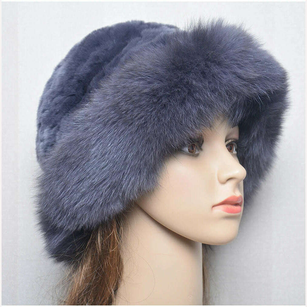 KIMLUD, New Style Women Outdoor Winter Warm Natural Fox Fur Hats Lady Knit Fur Cap Female Fashion Knitted Fluffy Real Rex Rabbit Fur Hat, KIMLUD Women's Clothes