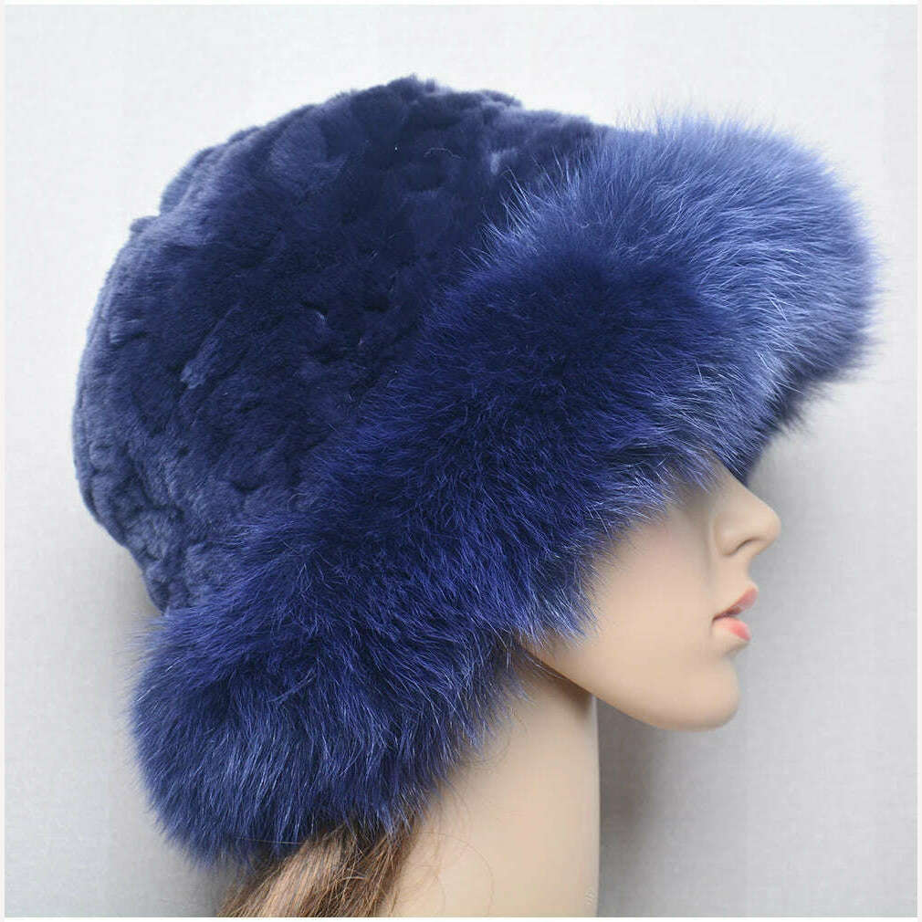 KIMLUD, New Style Women Outdoor Winter Warm Natural Fox Fur Hats Lady Knit Fur Cap Female Fashion Knitted Fluffy Real Rex Rabbit Fur Hat, KIMLUD Womens Clothes