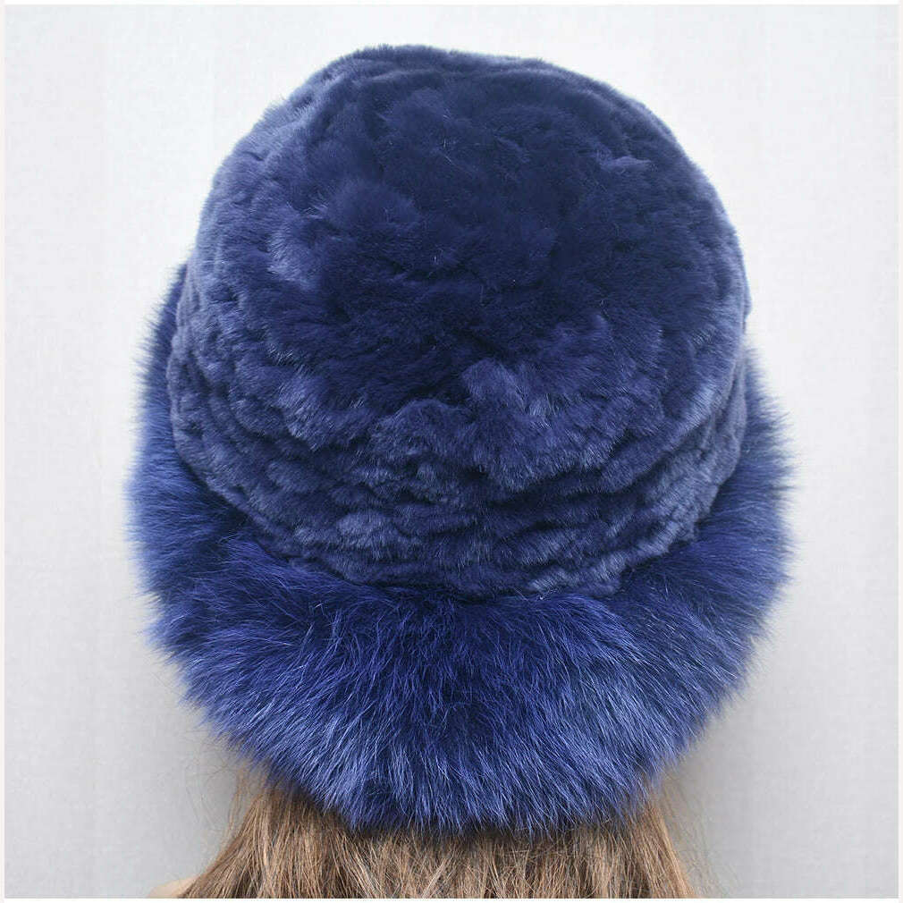 KIMLUD, New Style Women Outdoor Winter Warm Natural Fox Fur Hats Lady Knit Fur Cap Female Fashion Knitted Fluffy Real Rex Rabbit Fur Hat, KIMLUD Womens Clothes