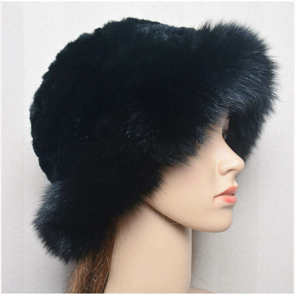 KIMLUD, New Style Women Outdoor Winter Warm Natural Fox Fur Hats Lady Knit Fur Cap Female Fashion Knitted Fluffy Real Rex Rabbit Fur Hat, KIMLUD Womens Clothes