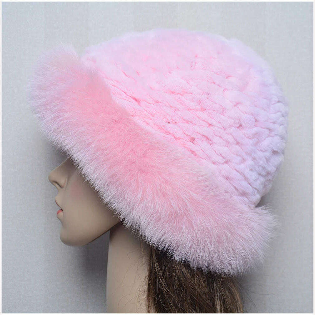 KIMLUD, New Style Women Outdoor Winter Warm Natural Fox Fur Hats Lady Knit Fur Cap Female Fashion Knitted Fluffy Real Rex Rabbit Fur Hat, KIMLUD Womens Clothes