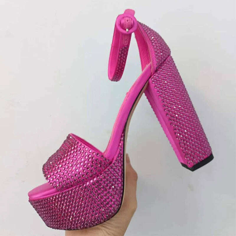 KIMLUD, New Summer Classic Fashion Rhinestone Buckle High Heel Thick Sole Sandals Women Round Head Fashion Party Dress High Heels Shoes, pink / 35, KIMLUD APPAREL - Womens Clothes