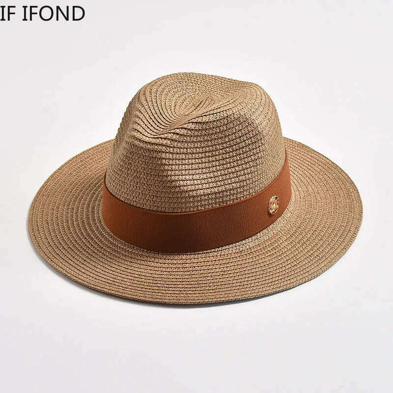 KIMLUD, New Summer Straw Hats for Women Men Panama Travel Beach Sun Hat Ribbon Decoration Elegant Luxury Jazz Hat, KIMLUD Womens Clothes