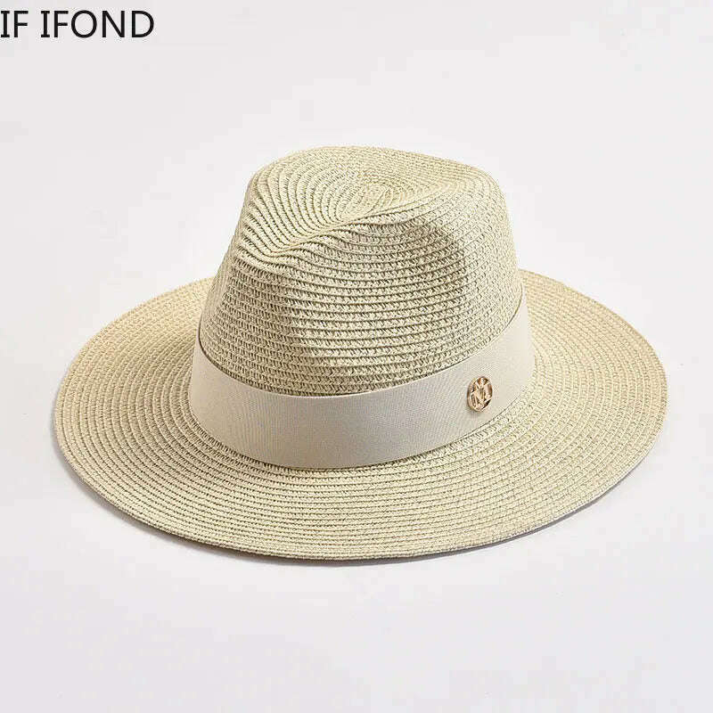 KIMLUD, New Summer Straw Hats for Women Men Panama Travel Beach Sun Hat Ribbon Decoration Elegant Luxury Jazz Hat, KIMLUD Womens Clothes