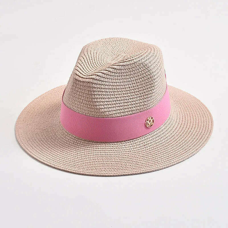 KIMLUD, New Summer Straw Hats for Women Men Panama Travel Beach Sun Hat Ribbon Decoration Elegant Luxury Jazz Hat, Pink / 56-58CM, KIMLUD Womens Clothes
