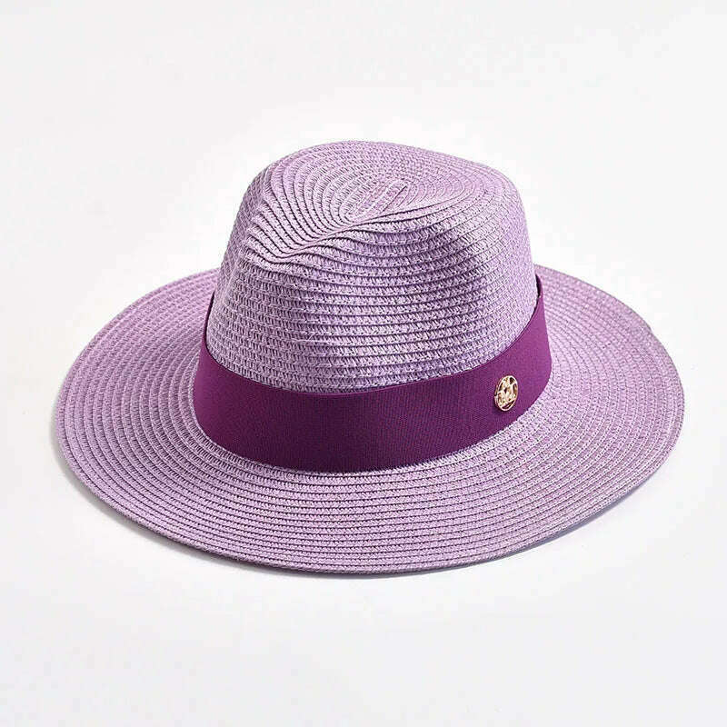 KIMLUD, New Summer Straw Hats for Women Men Panama Travel Beach Sun Hat Ribbon Decoration Elegant Luxury Jazz Hat, Light purple / 56-58CM, KIMLUD Womens Clothes