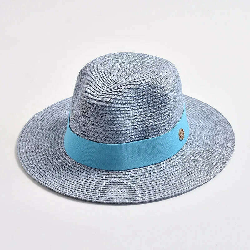 KIMLUD, New Summer Straw Hats for Women Men Panama Travel Beach Sun Hat Ribbon Decoration Elegant Luxury Jazz Hat, Sky blue / 56-58CM, KIMLUD Womens Clothes