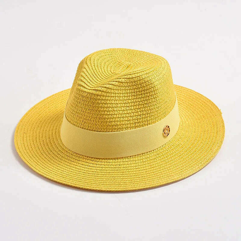 KIMLUD, New Summer Straw Hats for Women Men Panama Travel Beach Sun Hat Ribbon Decoration Elegant Luxury Jazz Hat, Yellow / 56-58CM, KIMLUD Womens Clothes