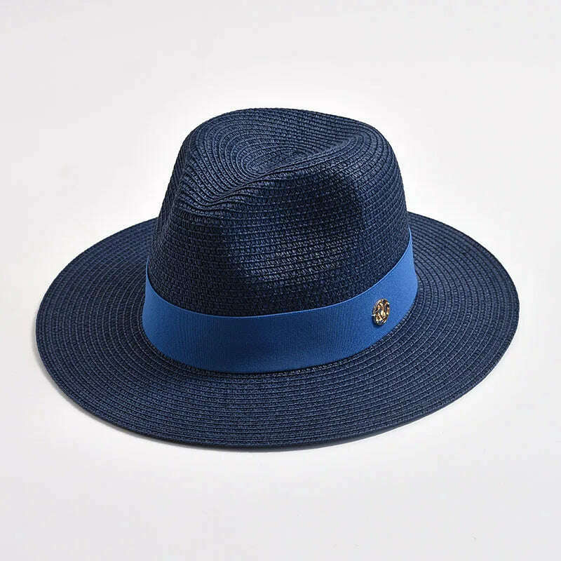 KIMLUD, New Summer Straw Hats for Women Men Panama Travel Beach Sun Hat Ribbon Decoration Elegant Luxury Jazz Hat, navy / 56-58CM, KIMLUD Womens Clothes
