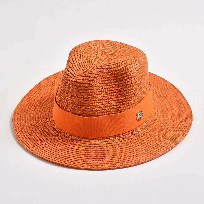 KIMLUD, New Summer Straw Hats for Women Men Panama Travel Beach Sun Hat Ribbon Decoration Elegant Luxury Jazz Hat, Orange / 56-58CM, KIMLUD Womens Clothes