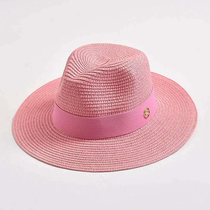 KIMLUD, New Summer Straw Hats for Women Men Panama Travel Beach Sun Hat Ribbon Decoration Elegant Luxury Jazz Hat, Peach pink / 56-58CM, KIMLUD Womens Clothes