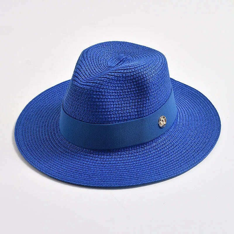 KIMLUD, New Summer Straw Hats for Women Men Panama Travel Beach Sun Hat Ribbon Decoration Elegant Luxury Jazz Hat, Jewel blue / 56-58CM, KIMLUD Womens Clothes