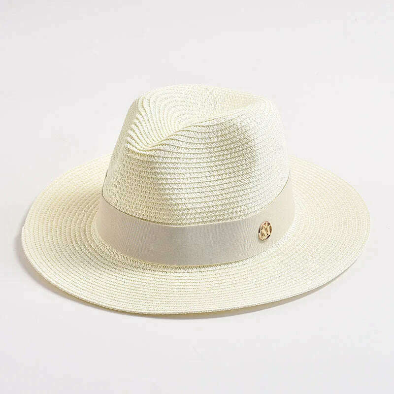 KIMLUD, New Summer Straw Hats for Women Men Panama Travel Beach Sun Hat Ribbon Decoration Elegant Luxury Jazz Hat, Milk white / 56-58CM, KIMLUD Womens Clothes