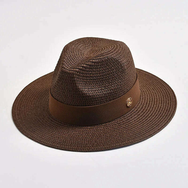 KIMLUD, New Summer Straw Hats for Women Men Panama Travel Beach Sun Hat Ribbon Decoration Elegant Luxury Jazz Hat, Coffee / 56-58CM, KIMLUD Womens Clothes