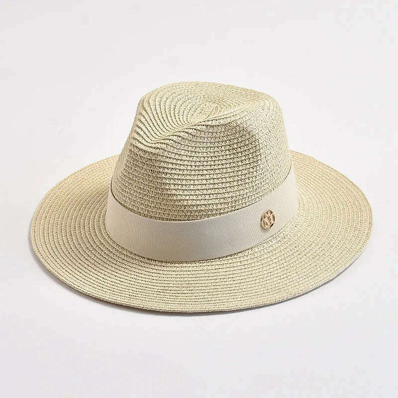 KIMLUD, New Summer Straw Hats for Women Men Panama Travel Beach Sun Hat Ribbon Decoration Elegant Luxury Jazz Hat, Beige / 56-58CM, KIMLUD Womens Clothes