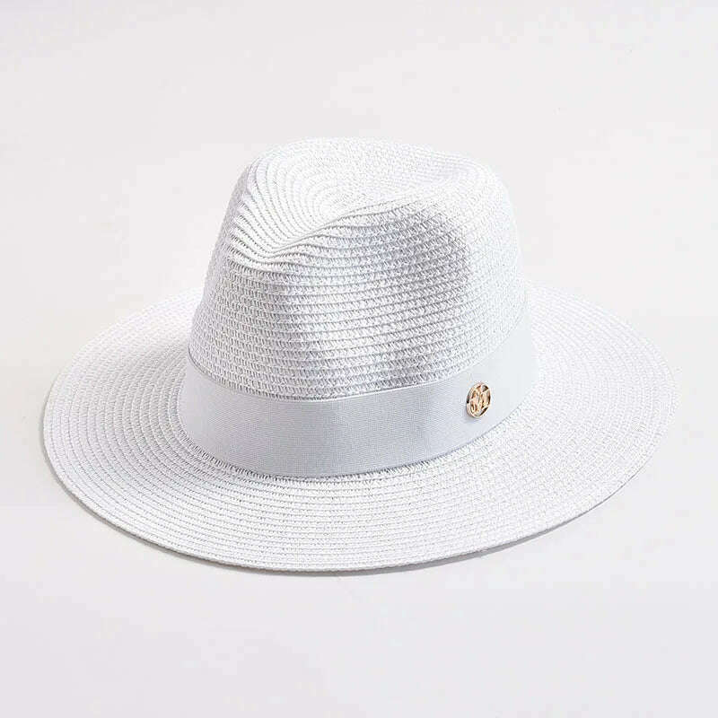 KIMLUD, New Summer Straw Hats for Women Men Panama Travel Beach Sun Hat Ribbon Decoration Elegant Luxury Jazz Hat, WHITE / 56-58CM, KIMLUD Womens Clothes