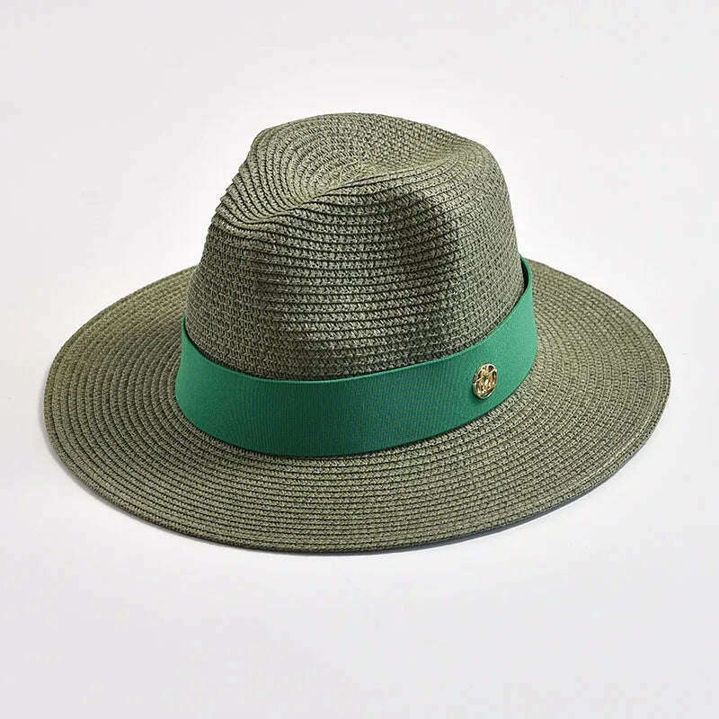 KIMLUD, New Summer Straw Hats for Women Men Panama Travel Beach Sun Hat Ribbon Decoration Elegant Luxury Jazz Hat, dark green / 56-58CM, KIMLUD Womens Clothes