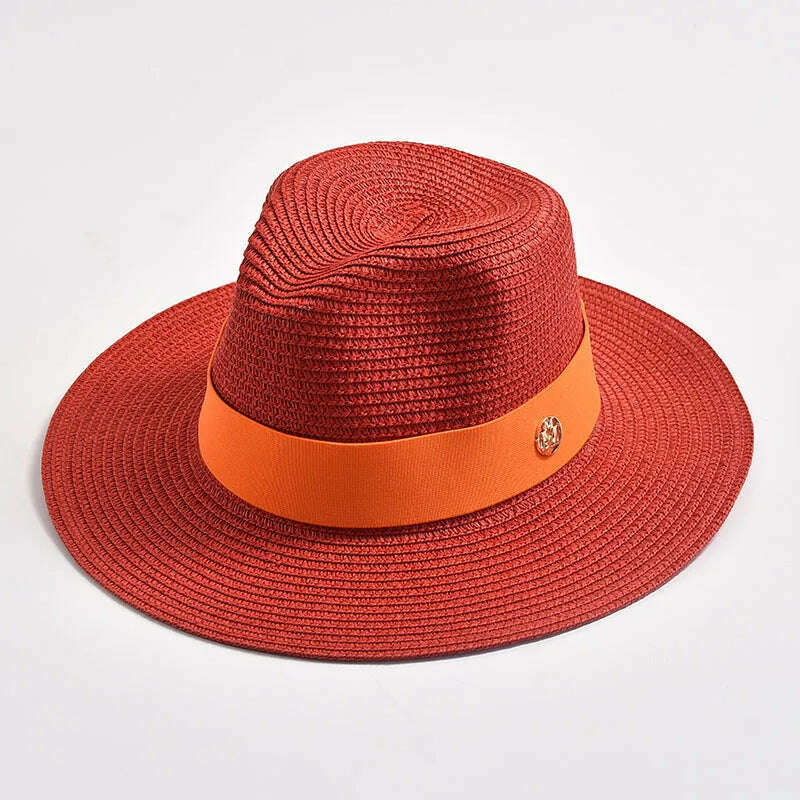 KIMLUD, New Summer Straw Hats for Women Men Panama Travel Beach Sun Hat Ribbon Decoration Elegant Luxury Jazz Hat, Red / 56-58CM, KIMLUD Womens Clothes