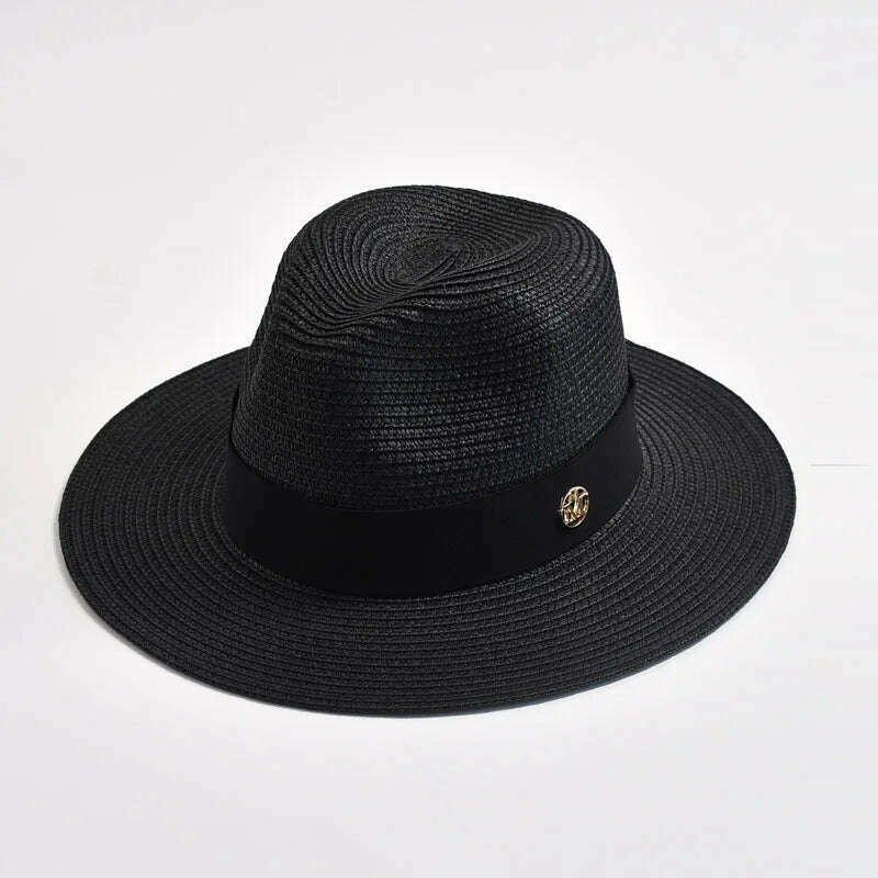KIMLUD, New Summer Straw Hats for Women Men Panama Travel Beach Sun Hat Ribbon Decoration Elegant Luxury Jazz Hat, Black01 / 56-58CM, KIMLUD Womens Clothes