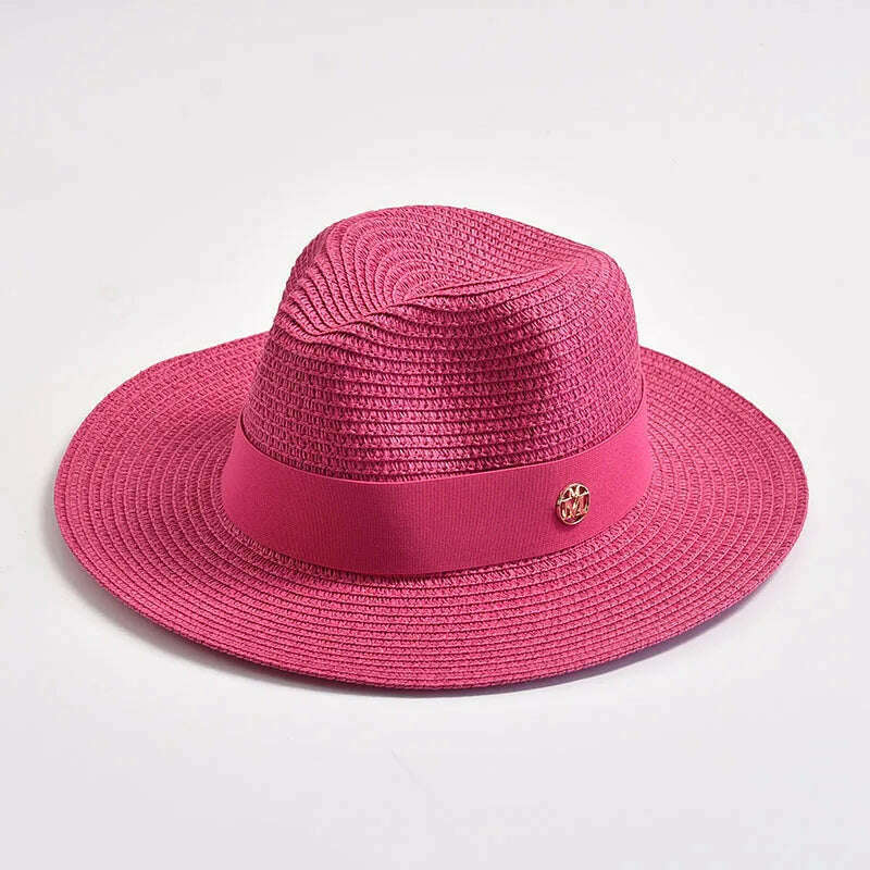 KIMLUD, New Summer Straw Hats for Women Men Panama Travel Beach Sun Hat Ribbon Decoration Elegant Luxury Jazz Hat, Rose / 56-58CM, KIMLUD Womens Clothes