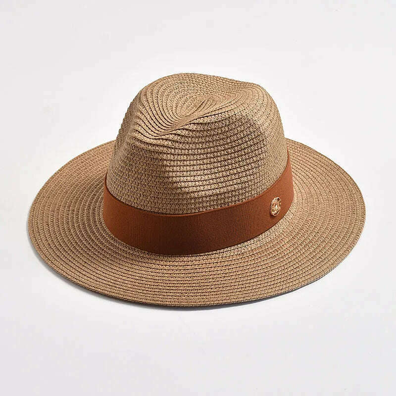KIMLUD, New Summer Straw Hats for Women Men Panama Travel Beach Sun Hat Ribbon Decoration Elegant Luxury Jazz Hat, khaki02 / 56-58CM, KIMLUD Womens Clothes