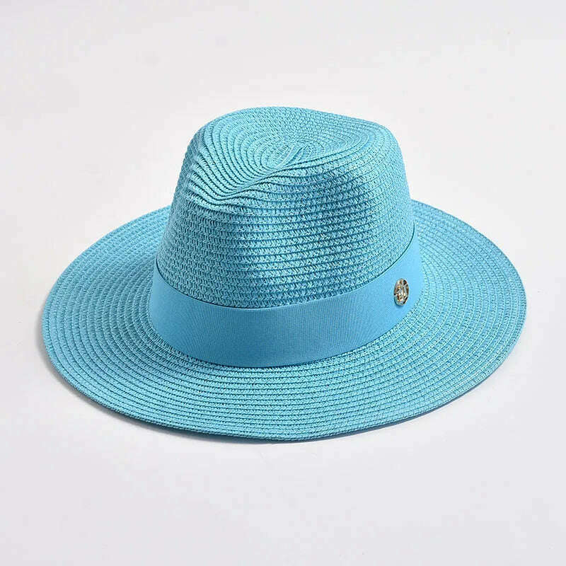 KIMLUD, New Summer Straw Hats for Women Men Panama Travel Beach Sun Hat Ribbon Decoration Elegant Luxury Jazz Hat, Lake blue / 56-58CM, KIMLUD Womens Clothes
