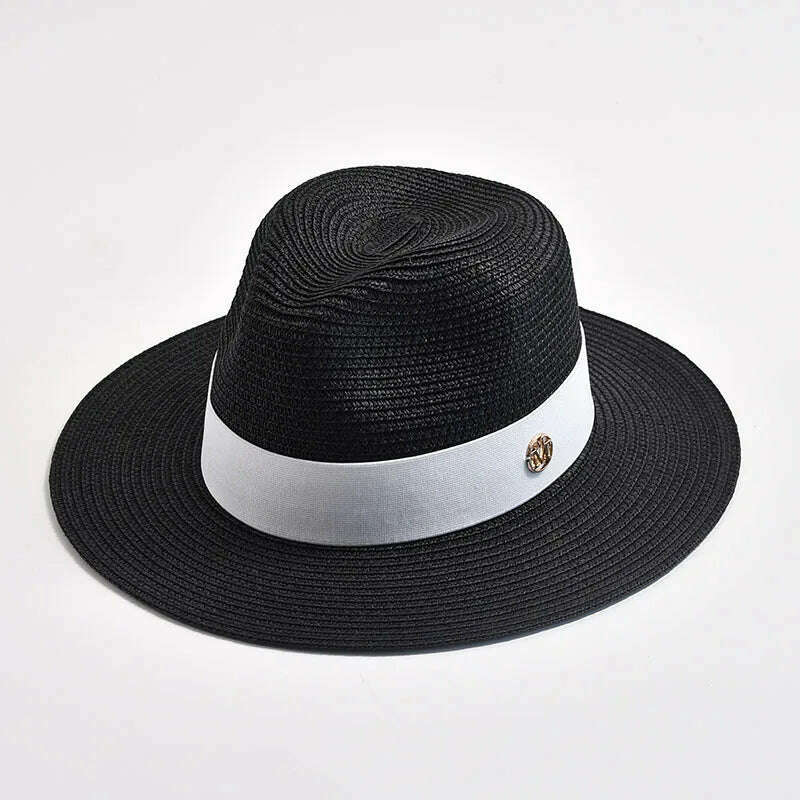 KIMLUD, New Summer Straw Hats for Women Men Panama Travel Beach Sun Hat Ribbon Decoration Elegant Luxury Jazz Hat, Black02 / 56-58CM, KIMLUD Womens Clothes