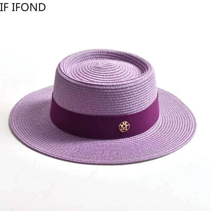 KIMLUD, New Summer Straw Sun Hats for Women Ladies Fashion Flat Brim Ribbon Beach Hat Travel Dress Cap chapeau femme, KIMLUD Womens Clothes