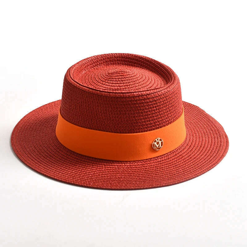 KIMLUD, New Summer Straw Sun Hats for Women Ladies Fashion Flat Brim Ribbon Beach Hat Travel Dress Cap chapeau femme, Red / 56-58CM, KIMLUD Womens Clothes