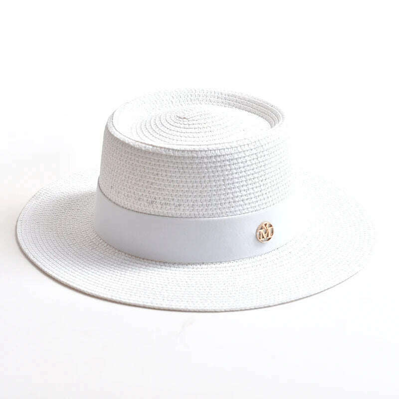 KIMLUD, New Summer Straw Sun Hats for Women Ladies Fashion Flat Brim Ribbon Beach Hat Travel Dress Cap chapeau femme, White / 56-58CM, KIMLUD Womens Clothes